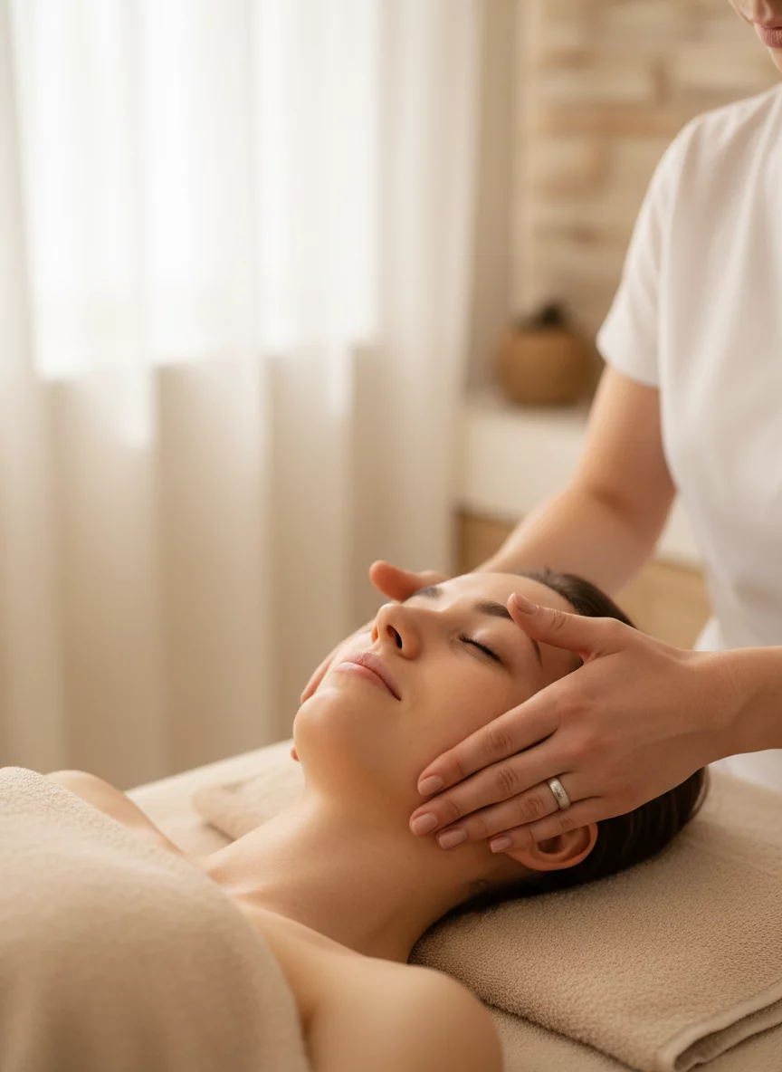 Professional facial massage therapy in spa clinic, hands of therapist on relaxed female face, beige towels