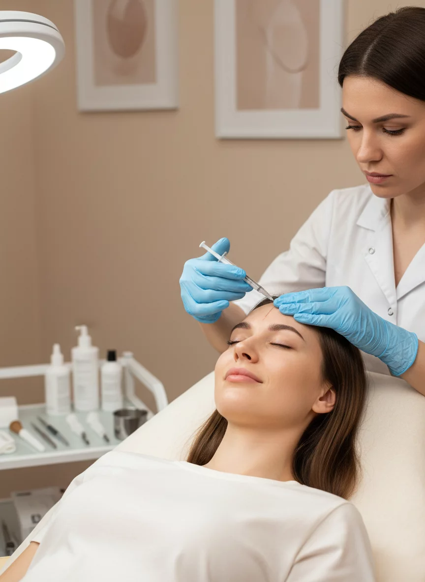 Cosmetologist in gloves performing facial injection procedure for female client in bright clinic room