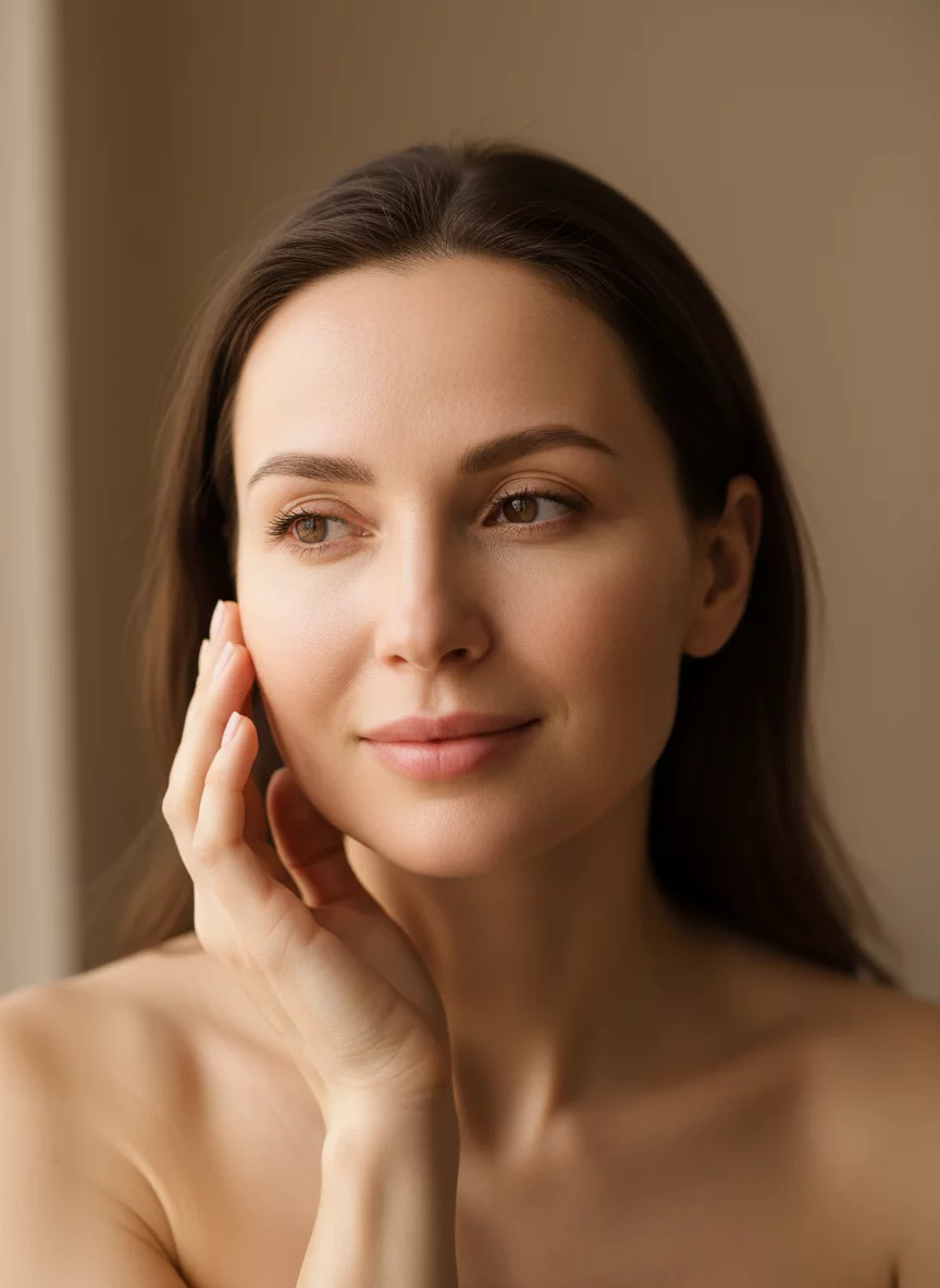 Beautiful Russian woman with glowing rejuvenated facial skin after cosmetology treatment, soft natural light