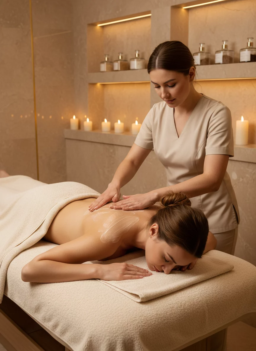 Body contouring spa treatment procedure, female client relaxing on massage table in luxury beige interior