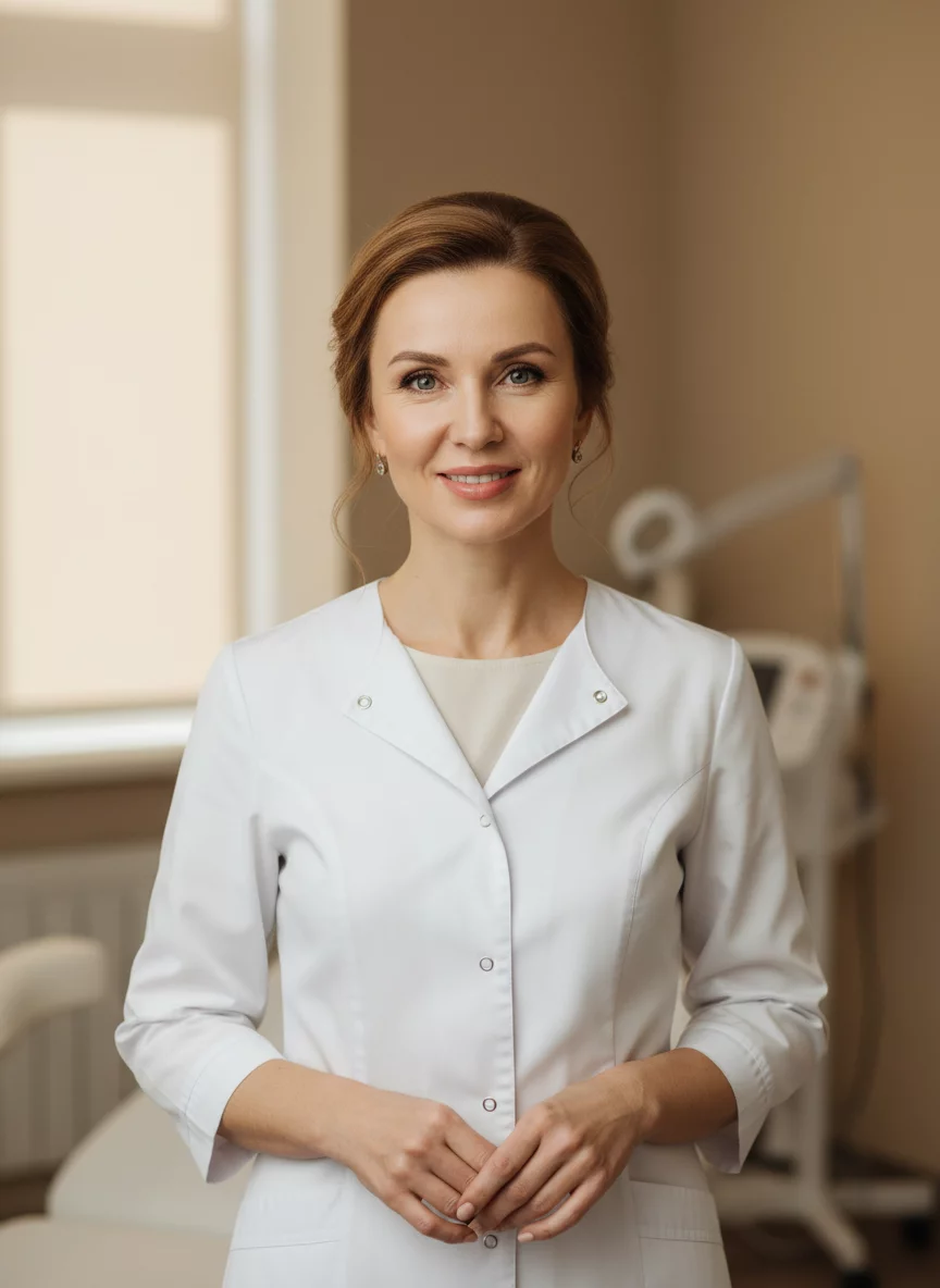 Professional Russian female doctor cosmetologist in white coat, mature confident woman, warm smile, clinic portrait