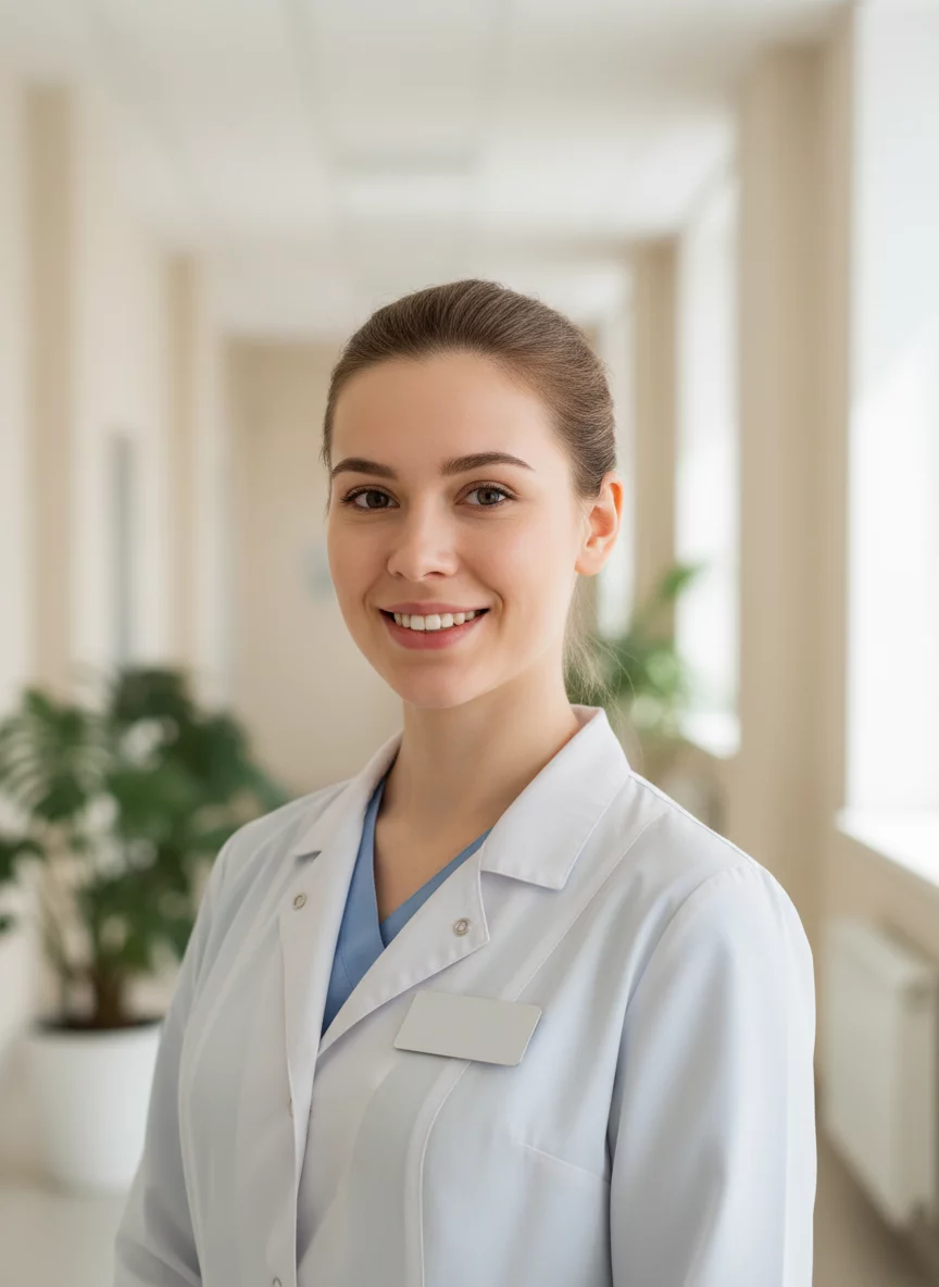 Young Russian female medical resident doctor in white coat, friendly smile, professional clinic portrait