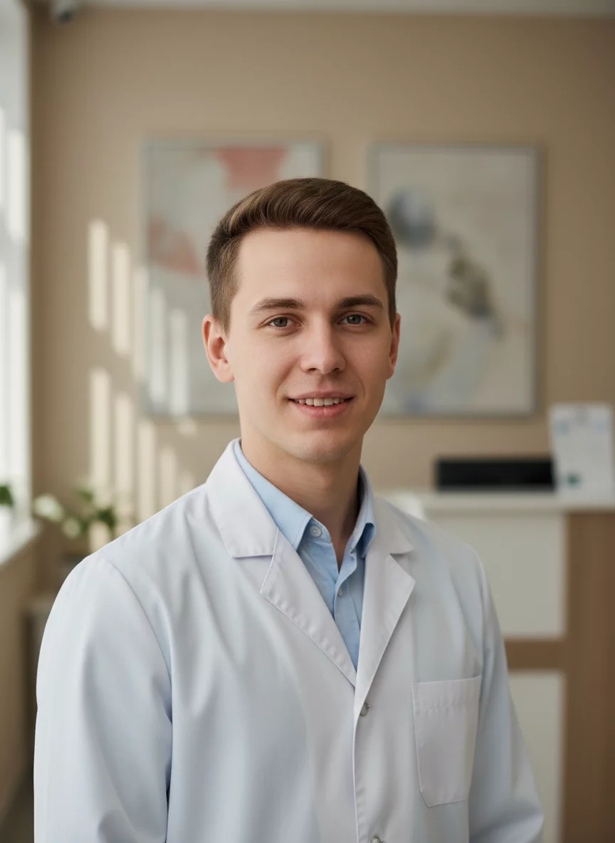 Young Russian male medical resident doctor in white coat, professional appearance, clinic portrait