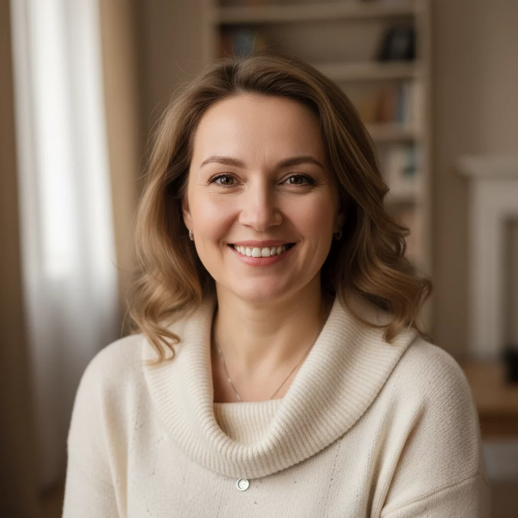Smiling Russian woman in her forties, natural portrait, customer testimonial photo
