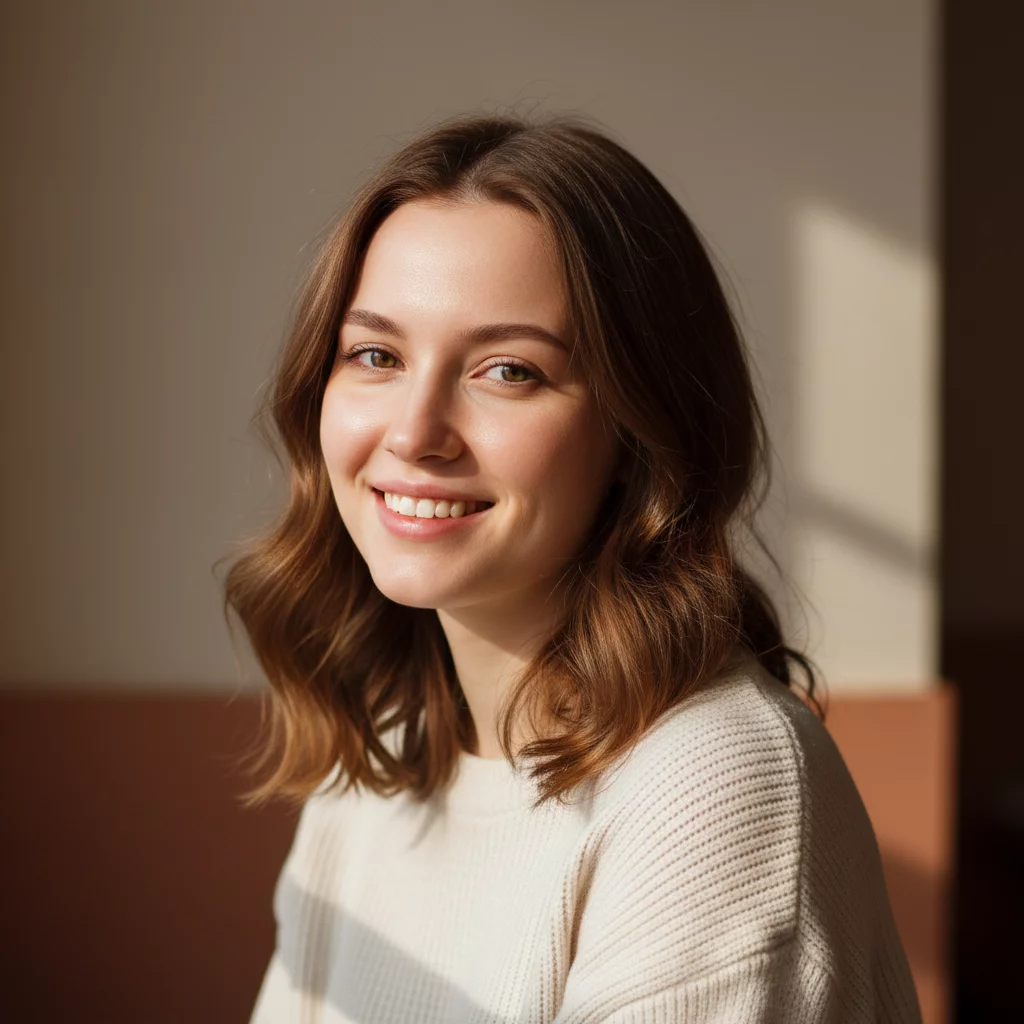 Happy young Russian woman with glowing skin, natural portrait, customer testimonial photo