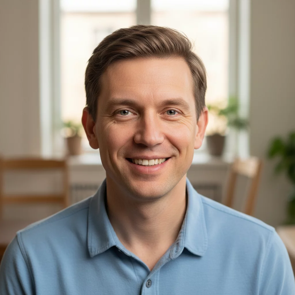 Russian man in his thirties, friendly smile, natural portrait, customer testimonial photo