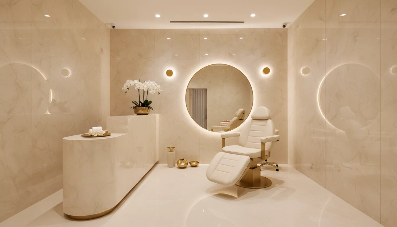 Elegant cosmetology clinic interior with marble walls in beige and milky cream tones, soft warm lighting