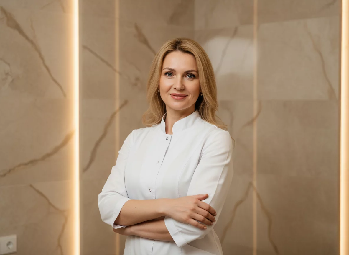 Professional Russian female doctor cosmetologist in white medical coat, confident elegant woman in modern clinic